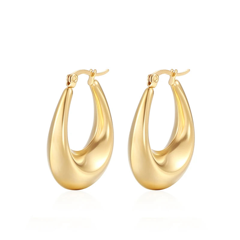 Fashion Glossy Stainless Steel U Shape Hoop Earrings For Women Gold Color Thick Geometric Ear Buckle Huggie Jewelry Earrings