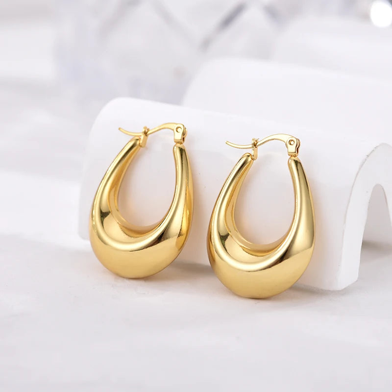 Fashion Glossy Stainless Steel U Shape Hoop Earrings For Women Gold Color Thick Geometric Ear Buckle Huggie Jewelry Earrings