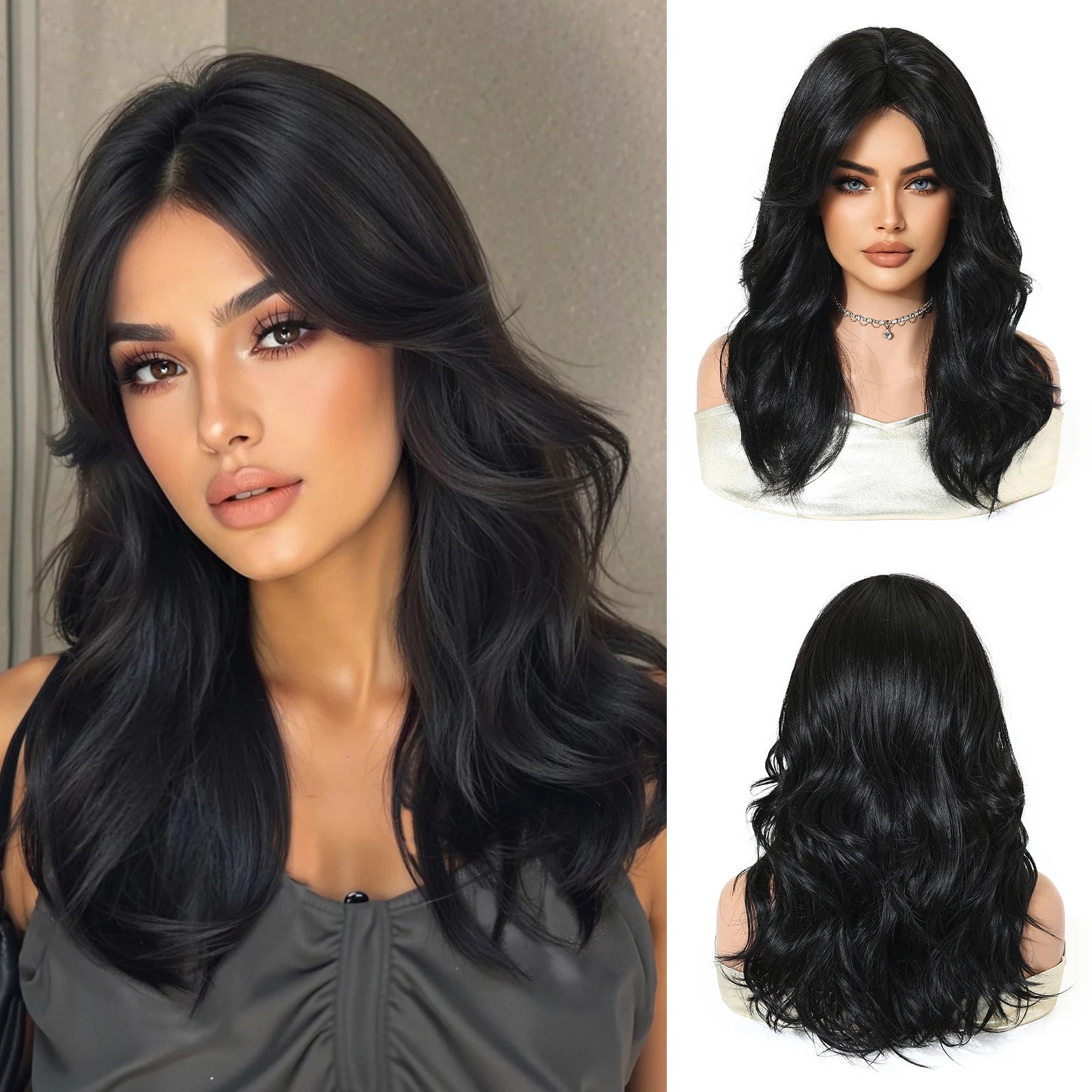 HENRY MARGU Medium Length Wavy Synthetic Hair Wig for Women Black Wavy Fake Hair Middle Part Daily Club Wigs High Temperature