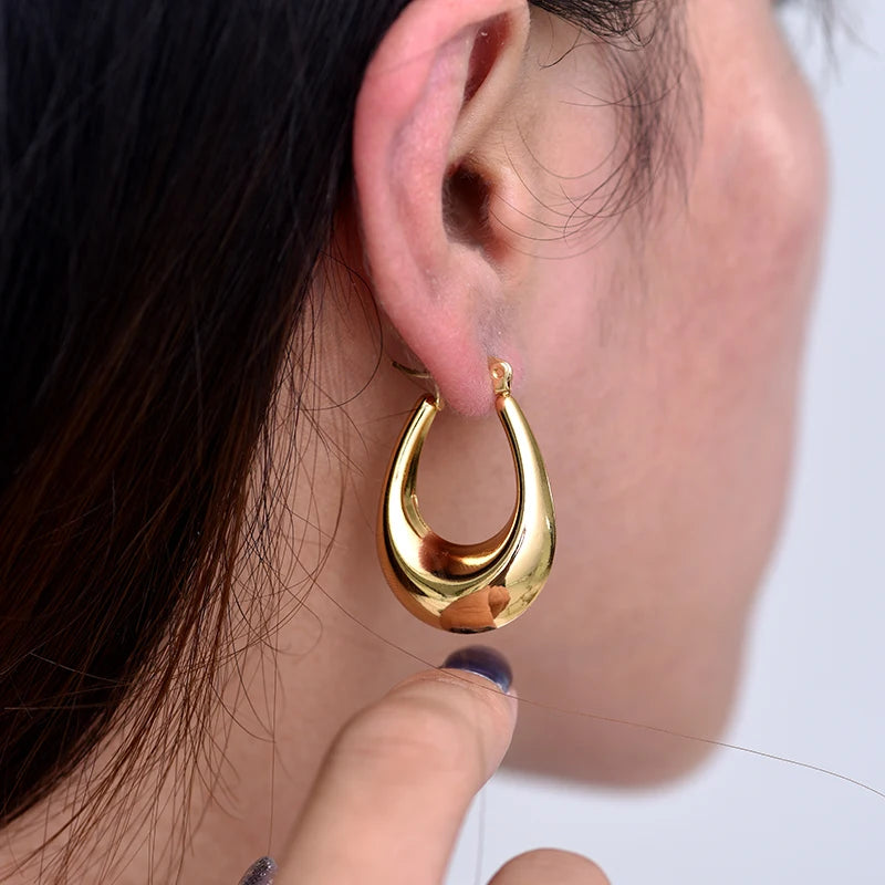 Fashion Glossy Stainless Steel U Shape Hoop Earrings For Women Gold Color Thick Geometric Ear Buckle Huggie Jewelry Earrings