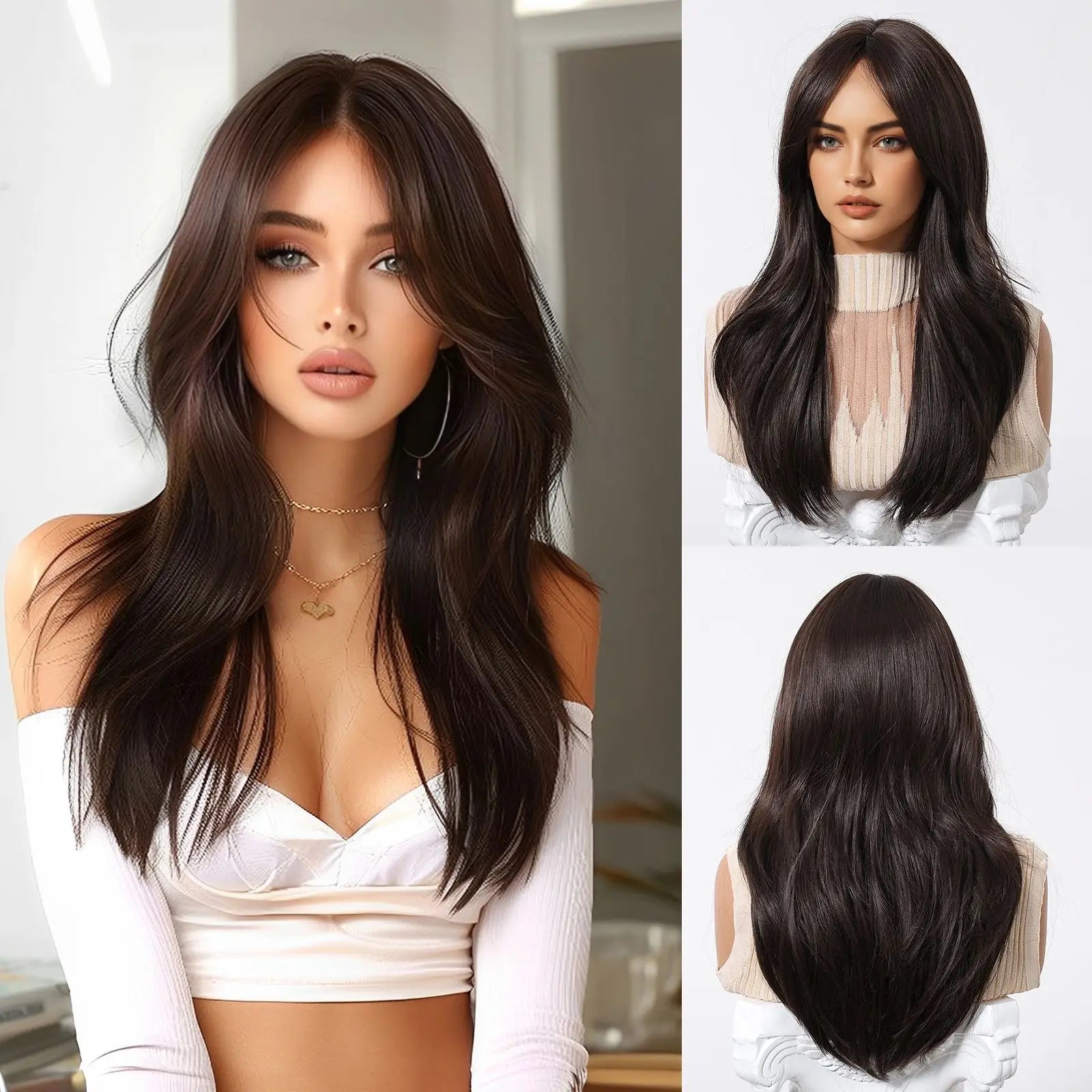 HENRY MARGU Medium Length Wavy Synthetic Hair Wig for Women Black Wavy Fake Hair Middle Part Daily Club Wigs High Temperature