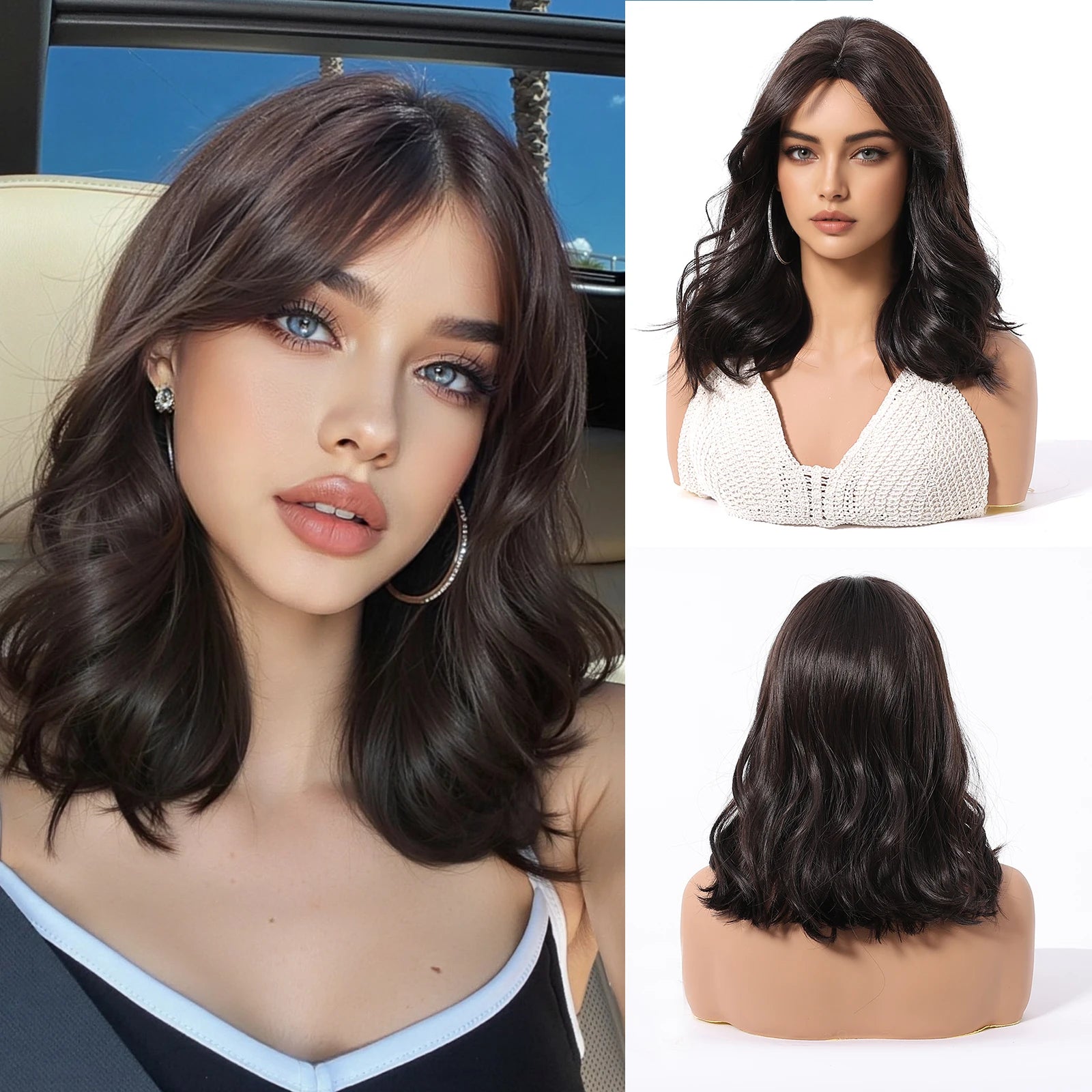 HENRY MARGU Medium Length Wavy Synthetic Hair Wig for Women Black Wavy Fake Hair Middle Part Daily Club Wigs High Temperature
