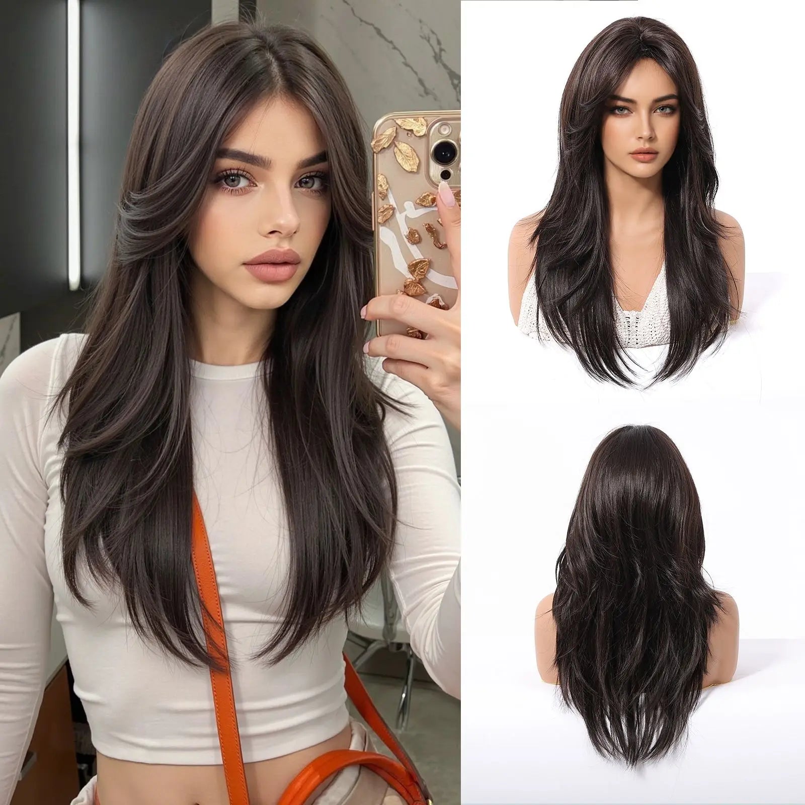 HENRY MARGU Medium Length Wavy Synthetic Hair Wig for Women Black Wavy Fake Hair Middle Part Daily Club Wigs High Temperature