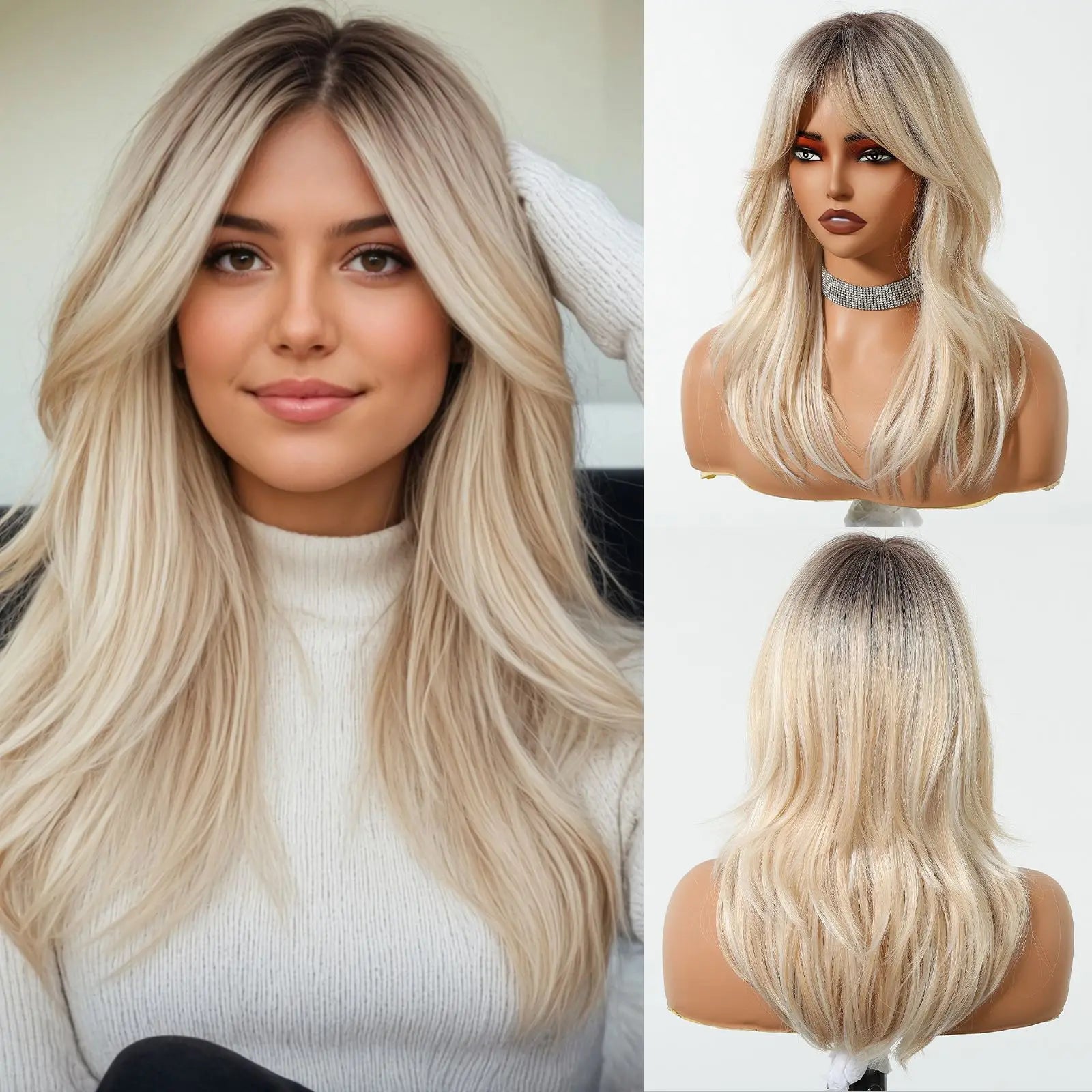 HENRY MARGU Medium Length Wavy Synthetic Hair Wig for Women Black Wavy Fake Hair Middle Part Daily Club Wigs High Temperature