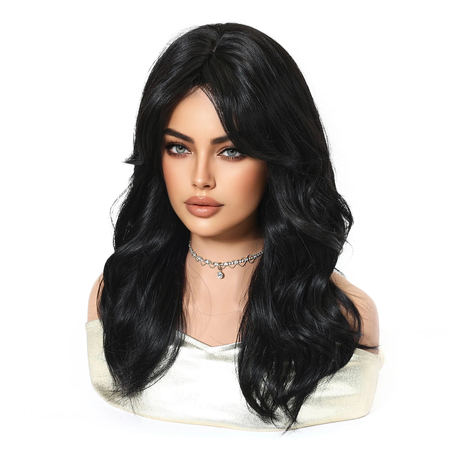 HENRY MARGU Medium Length Wavy Synthetic Hair Wig for Women Black Wavy Fake Hair Middle Part Daily Club Wigs High Temperature