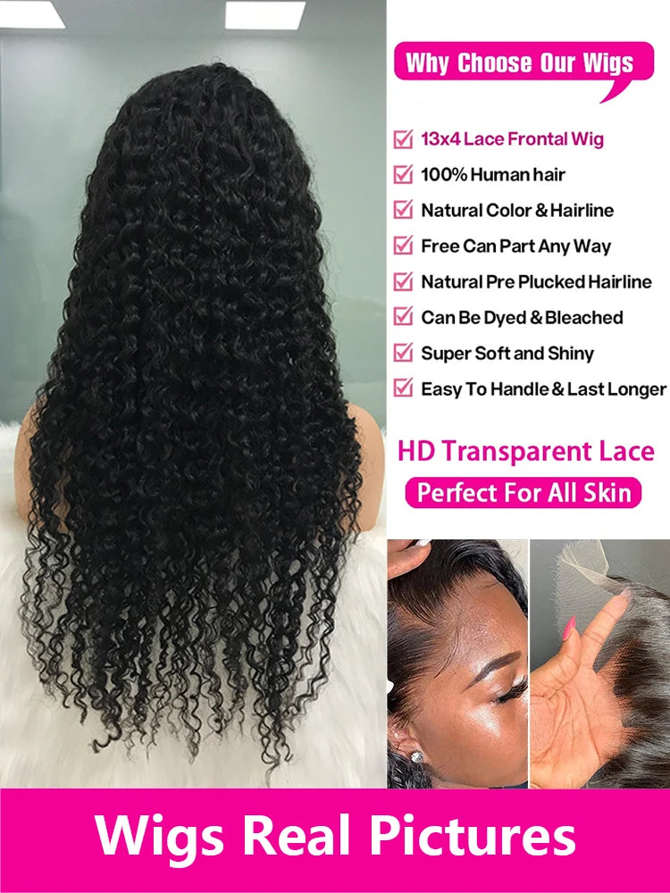 Water Deep Wave 13x6 13x4 HD Lace Front Human Hair Wig Curly 360 HD Transparent Lace Frontal Brazilian Wigs For Women 30 40 Inch