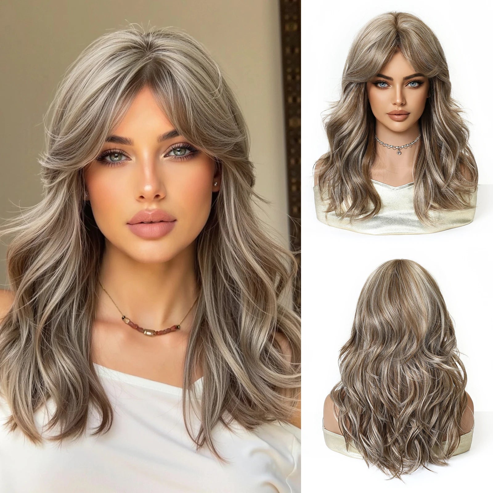 HENRY MARGU Medium Length Wavy Synthetic Hair Wig for Women Black Wavy Fake Hair Middle Part Daily Club Wigs High Temperature