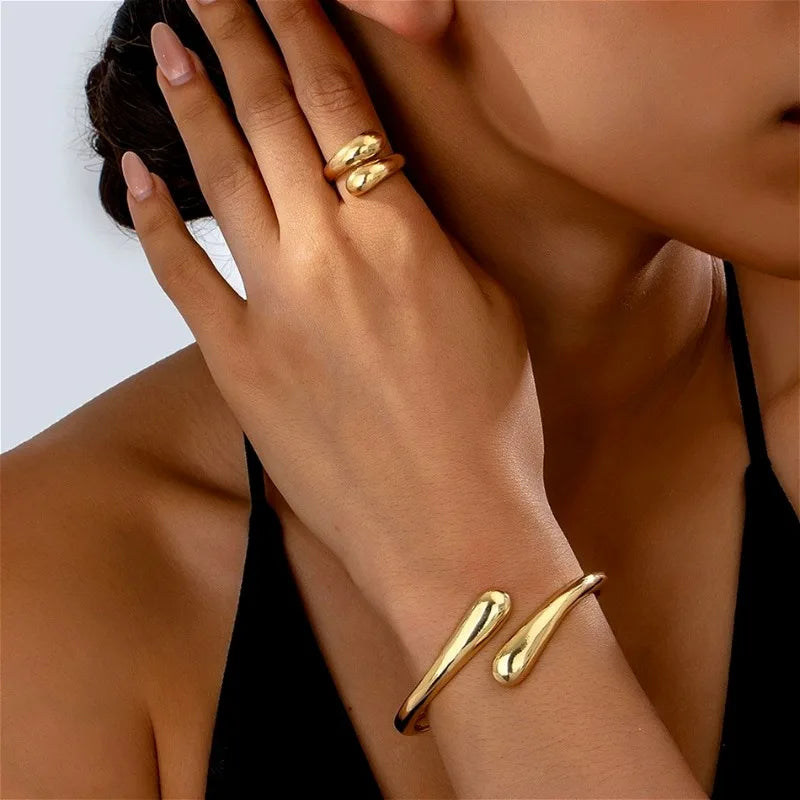 2Pcs Vintage Chunky Waterdrop Bangle Ring Set For Women Fashion Simple Geometric Thick Jewelry Set Trendy Party Jewelry Gift