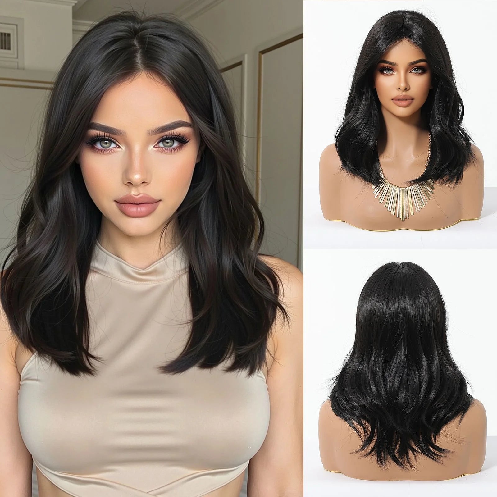HENRY MARGU Medium Length Wavy Synthetic Hair Wig for Women Black Wavy Fake Hair Middle Part Daily Club Wigs High Temperature
