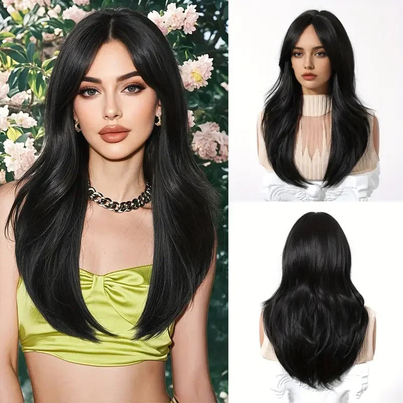 HENRY MARGU Medium Length Wavy Synthetic Hair Wig for Women Black Wavy Fake Hair Middle Part Daily Club Wigs High Temperature