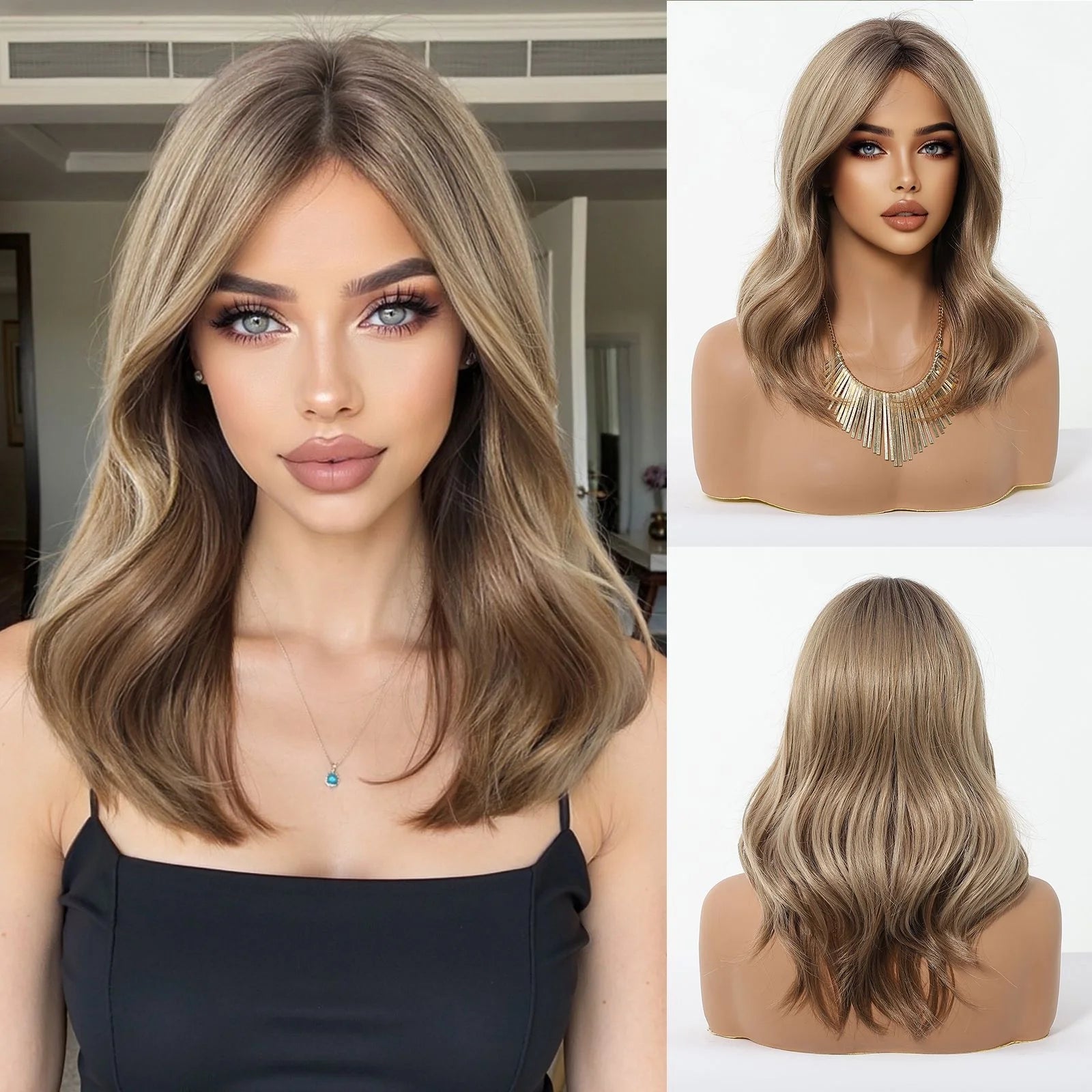 HENRY MARGU Medium Length Wavy Synthetic Hair Wig for Women Black Wavy Fake Hair Middle Part Daily Club Wigs High Temperature