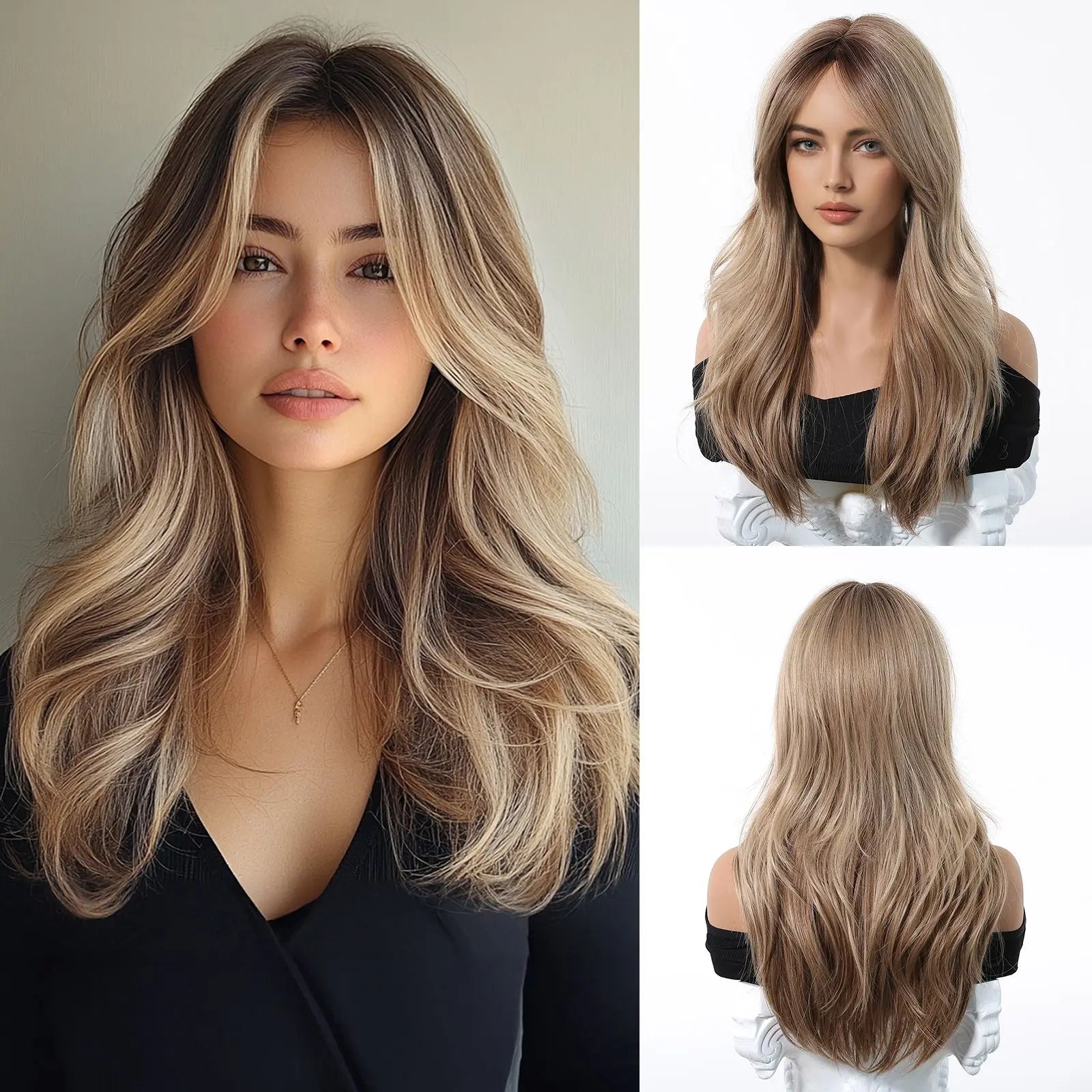HENRY MARGU Medium Length Wavy Synthetic Hair Wig for Women Black Wavy Fake Hair Middle Part Daily Club Wigs High Temperature