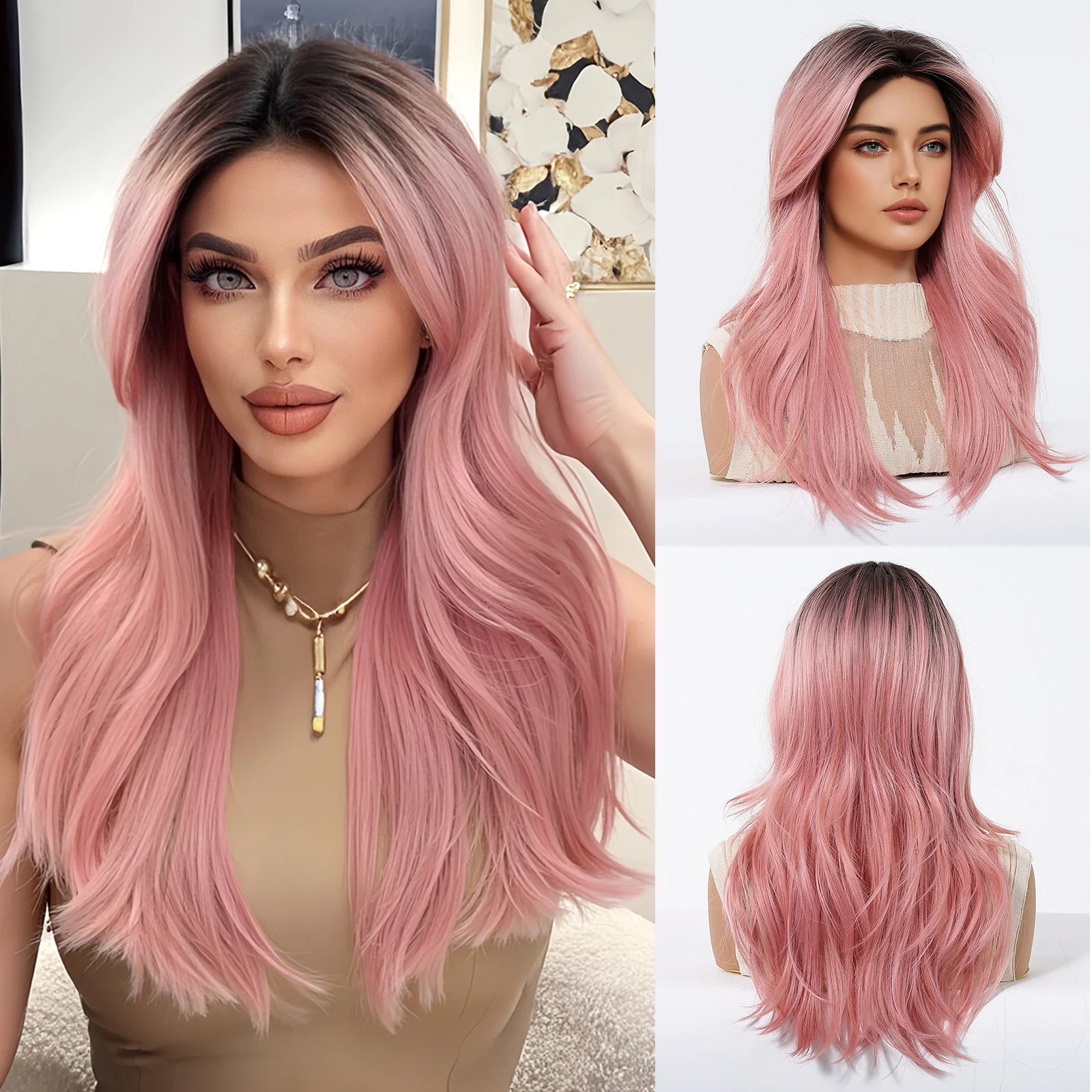 HENRY MARGU Medium Length Wavy Synthetic Hair Wig for Women Black Wavy Fake Hair Middle Part Daily Club Wigs High Temperature
