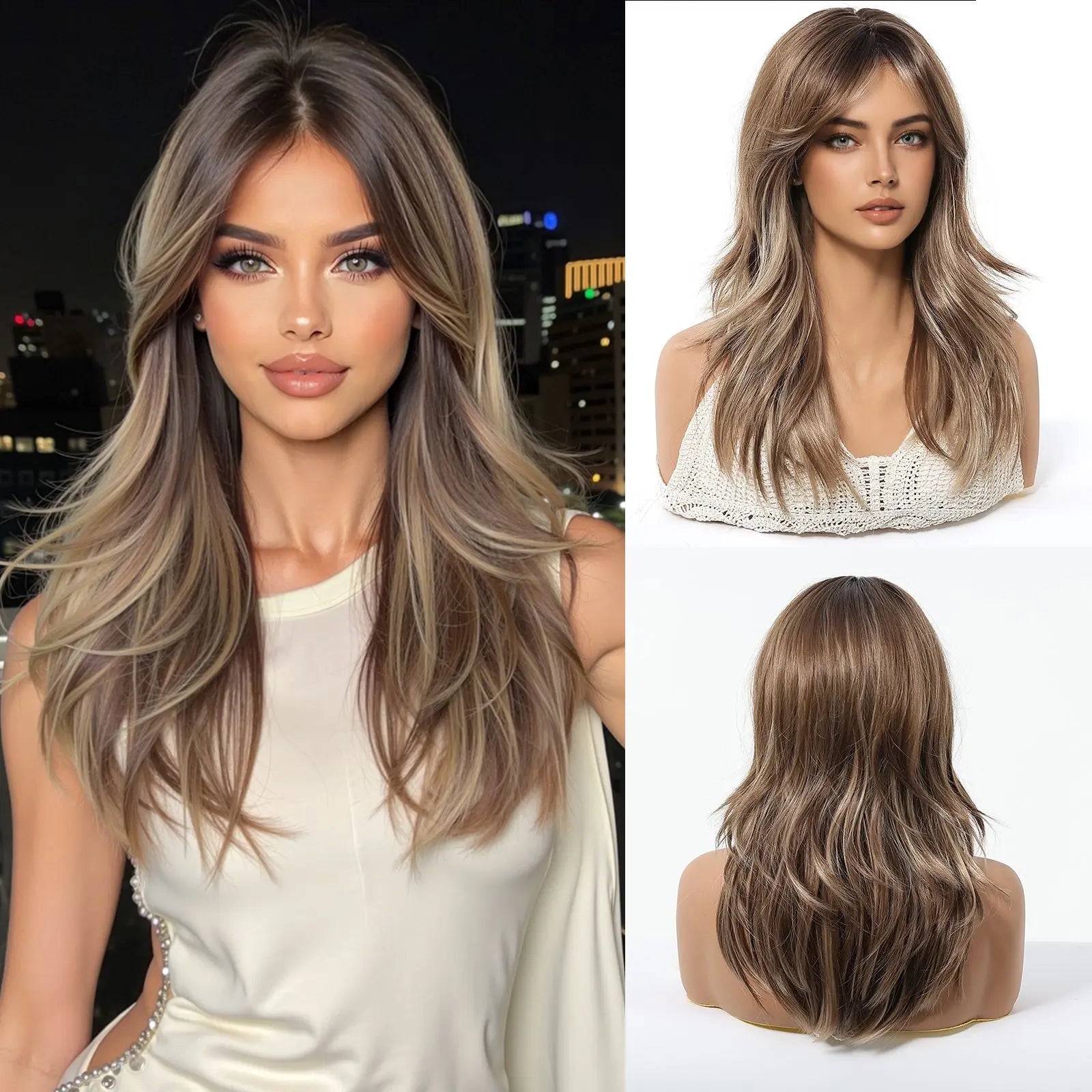 HENRY MARGU Medium Length Wavy Synthetic Hair Wig for Women Black Wavy Fake Hair Middle Part Daily Club Wigs High Temperature
