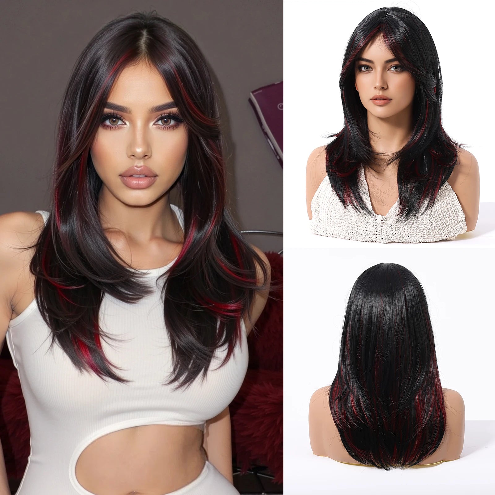HENRY MARGU Medium Length Wavy Synthetic Hair Wig for Women Black Wavy Fake Hair Middle Part Daily Club Wigs High Temperature
