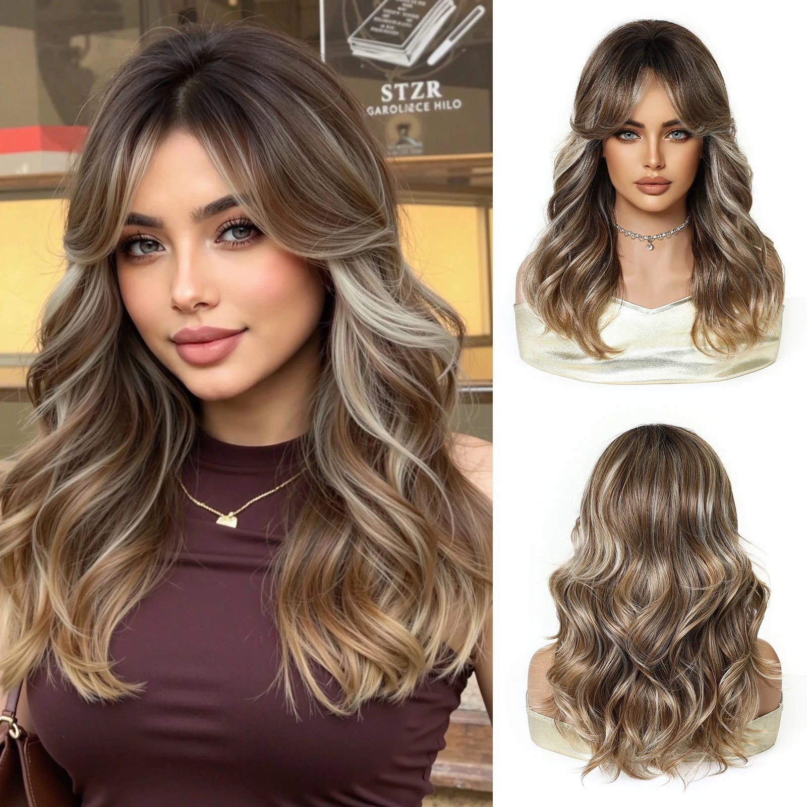 HENRY MARGU Medium Length Wavy Synthetic Hair Wig for Women Black Wavy Fake Hair Middle Part Daily Club Wigs High Temperature