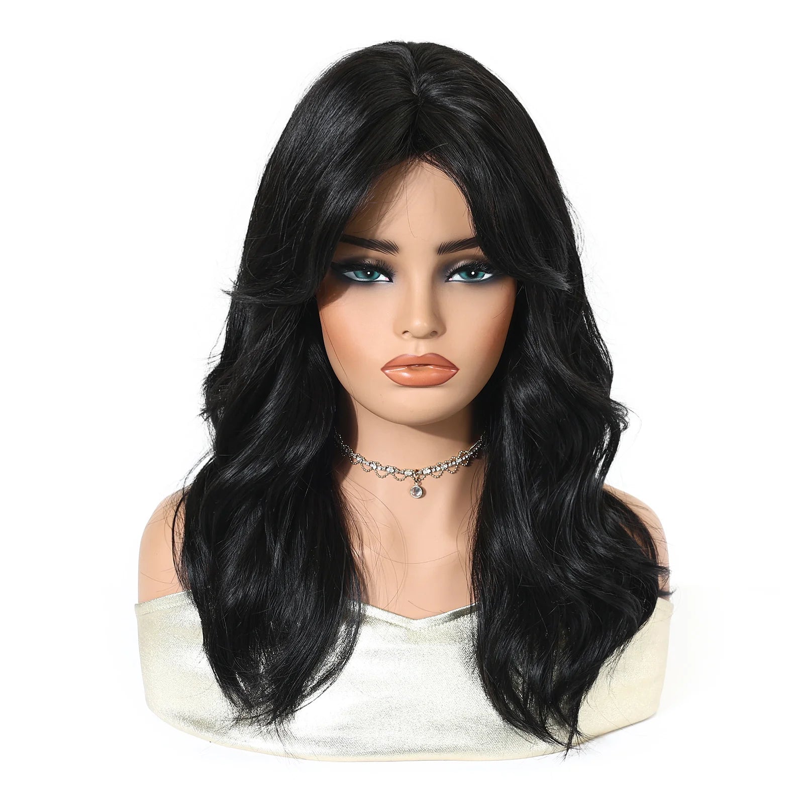 HENRY MARGU Medium Length Wavy Synthetic Hair Wig for Women Black Wavy Fake Hair Middle Part Daily Club Wigs High Temperature