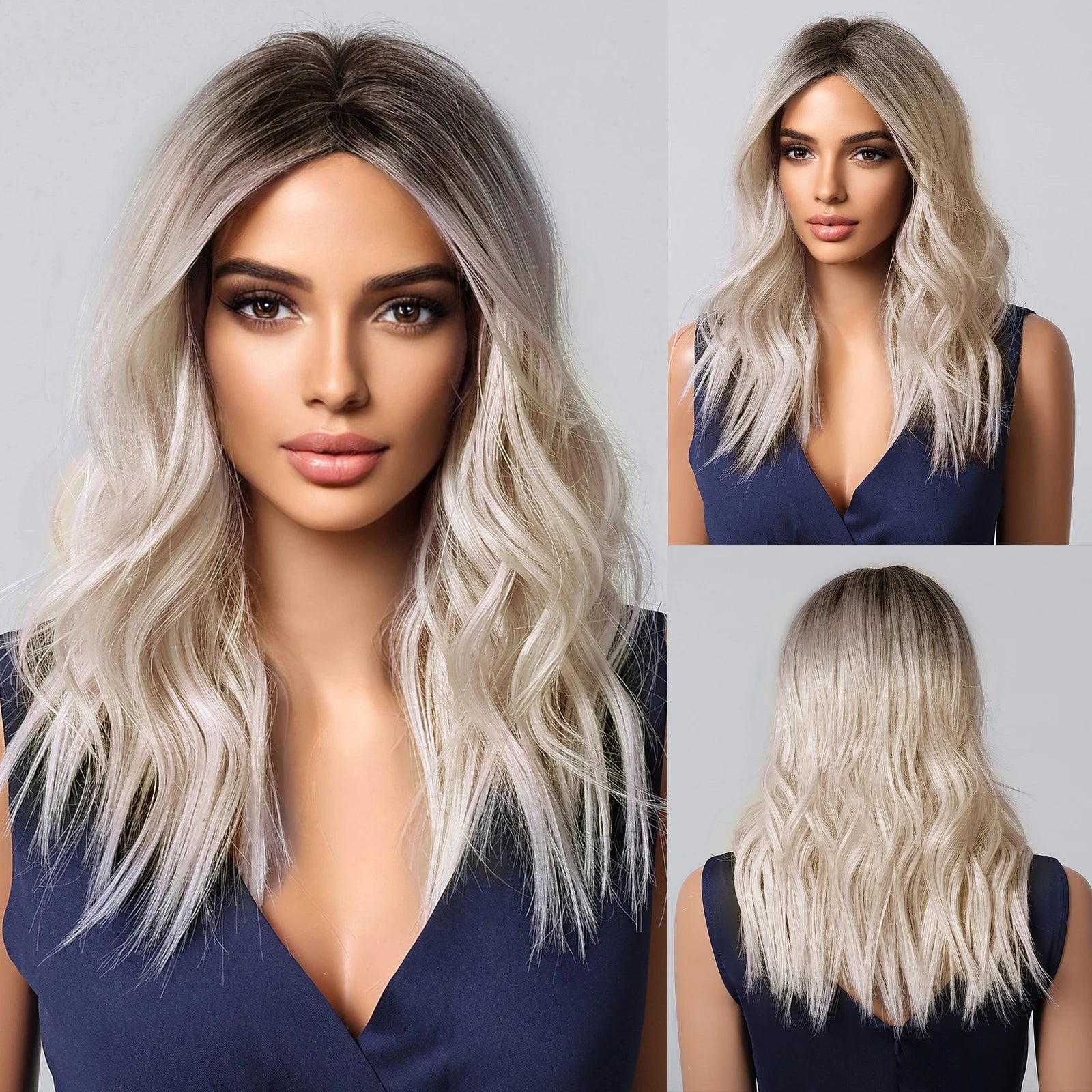 HENRY MARGU Medium Length Wavy Synthetic Hair Wig for Women Black Wavy Fake Hair Middle Part Daily Club Wigs High Temperature