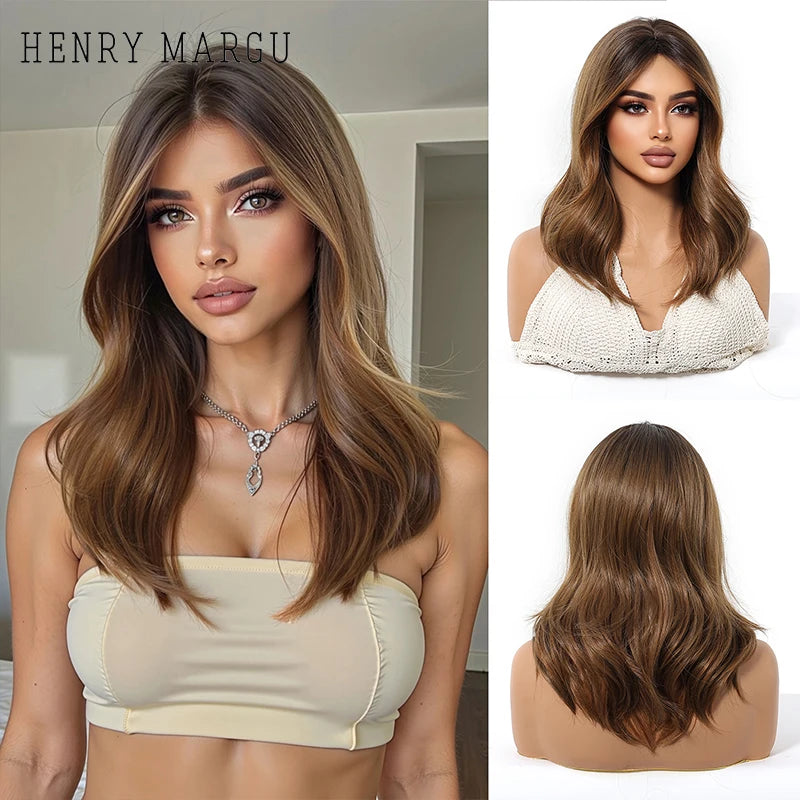 HENRY MARGU Medium Length Wavy Synthetic Hair Wig for Women Black Wavy Fake Hair Middle Part Daily Club Wigs High Temperature