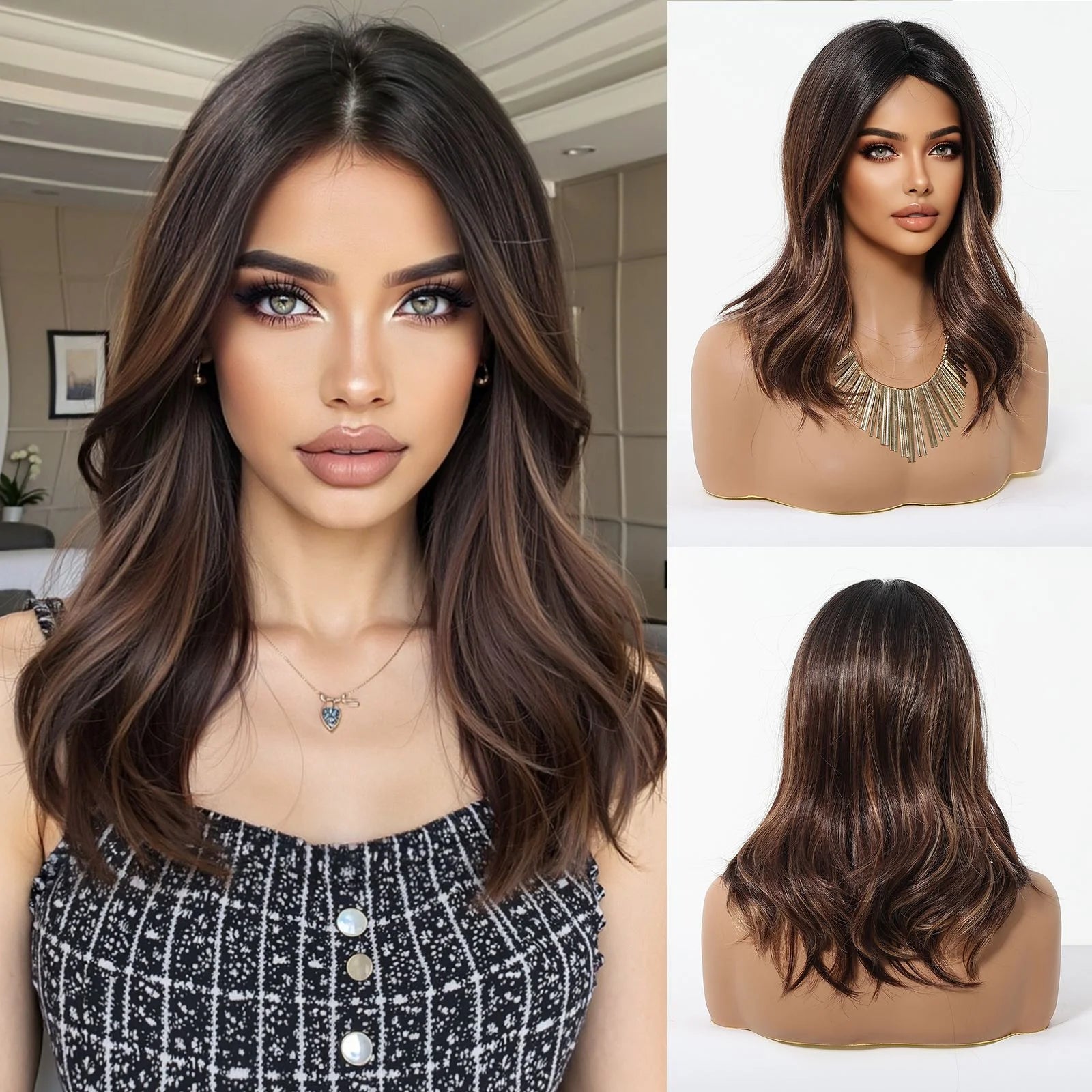 HENRY MARGU Medium Length Wavy Synthetic Hair Wig for Women Black Wavy Fake Hair Middle Part Daily Club Wigs High Temperature