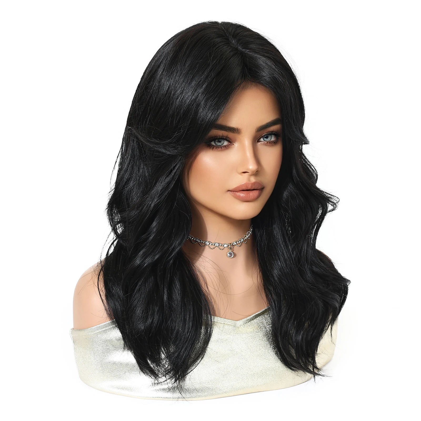 HENRY MARGU Medium Length Wavy Synthetic Hair Wig for Women Black Wavy Fake Hair Middle Part Daily Club Wigs High Temperature